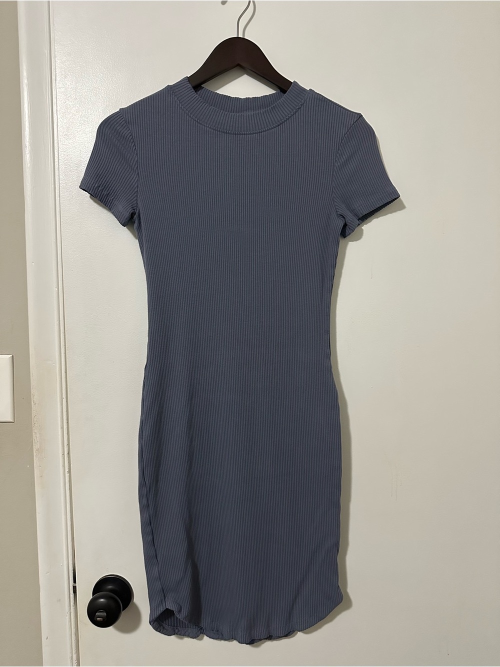 H&M Dusty Blue Ribbed Short-Sleeve Mini Dress